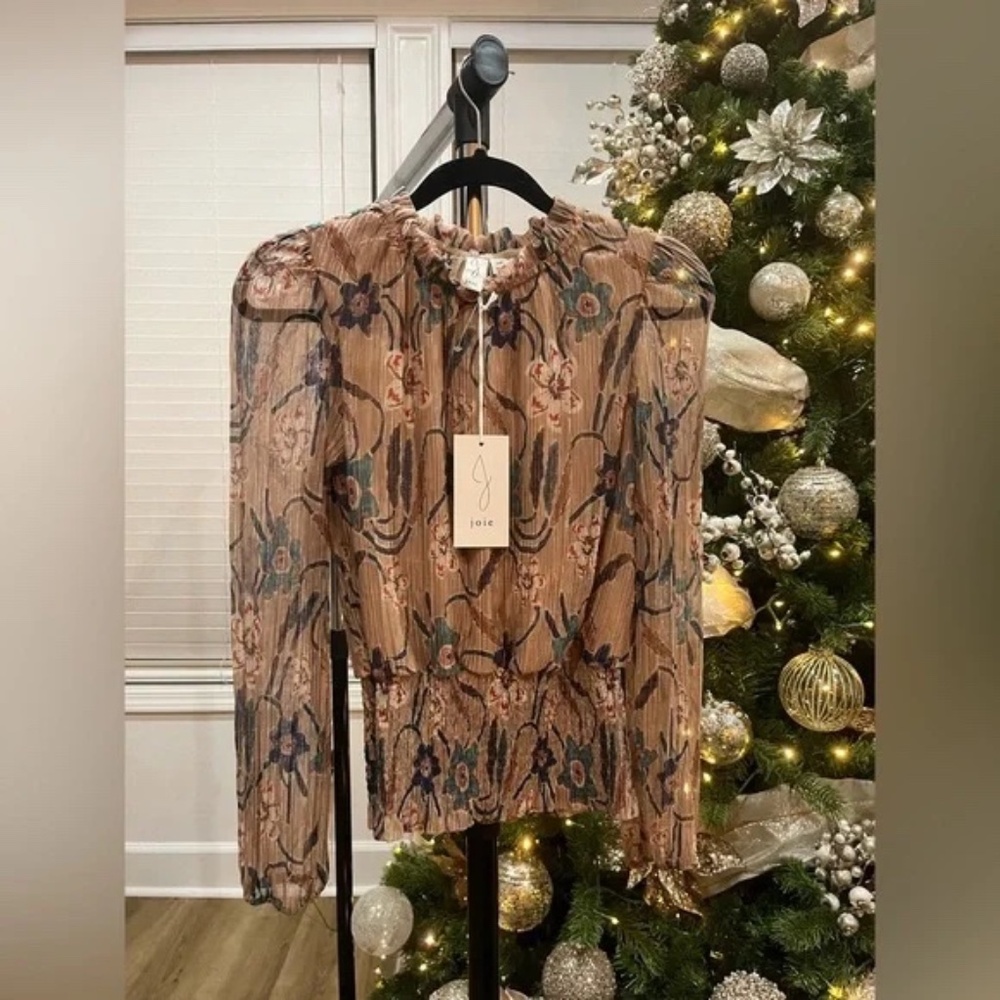 Joie Brocade High Neck Smocked Waist Blouse